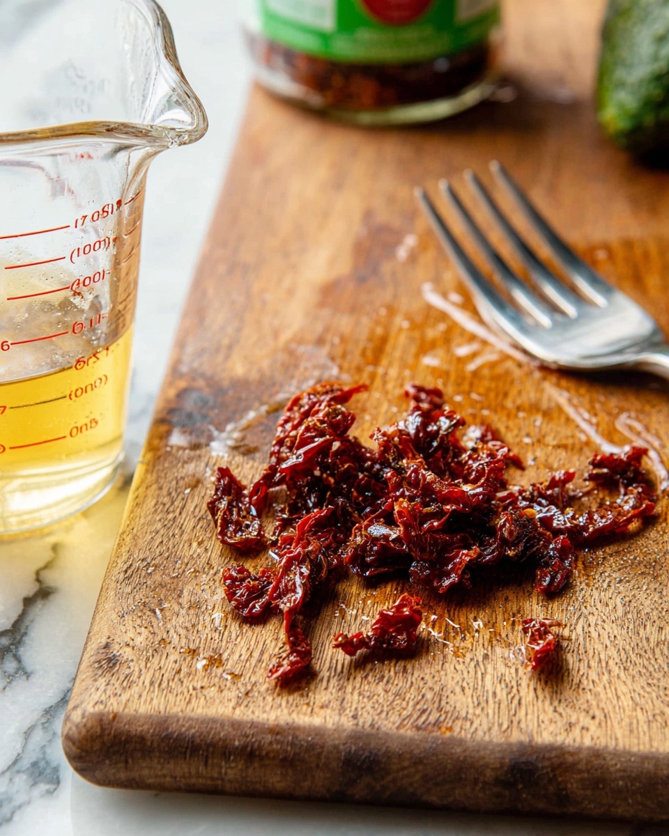 A grey ceramic bowl filled with a dark orange-red oil mixture with visible bits of green herbs and small dark red pepper pieces, floating around three pieces of toasted bread soaked in the oil. A spoon holds some of the oil and herbs, resting in the bowl with a piece of toasted bread. Around the bowl, on a white marbled surface, there are several torn pieces of toasted bread with a golden crust, some parts slightly charred. Photo taken with an iphone --ar 4:5 --v 7