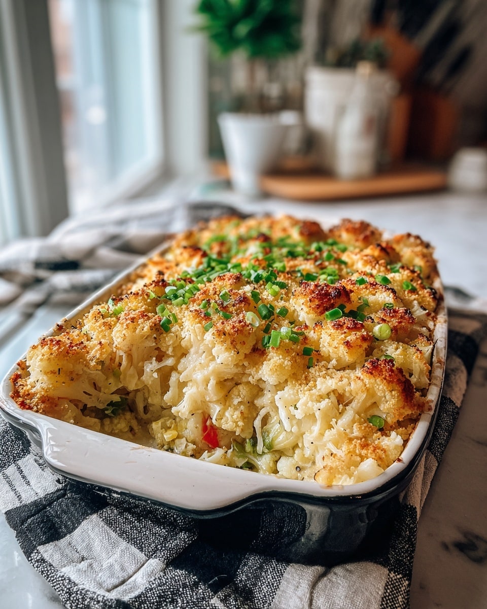 A white plate holds a serving of baked casserole with three visible layers: a crispy golden-brown top layer with small browned spots, a middle layer filled with light green broccoli florets, and a bottom layer of soft white rice mixed with small chunks of cooked chicken. The dish has a creamy texture with some pieces showing slight char, adding texture contrast. In the background, a white rectangular baking dish holds more of the casserole, and a few fresh broccoli florets are placed on a white marbled surface next to the plate. photo taken with an iphone --ar 4:5 --v 7