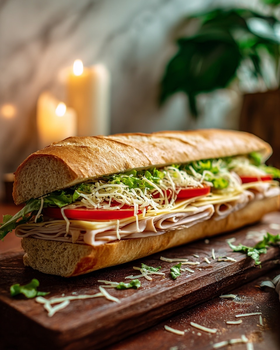 A long sandwich on a white baguette bread with a golden brown crust, cut open horizontally. Inside, from bottom to top, there is a layer of folded light beige turkey slices, followed by pale yellow cheese slices. Above that, a layer of bright green lettuce leaves, then thick slices of red tomato. On top, there is a sprinkling of shredded white cheese. The sandwich rests on a dark wooden board with some small scattered pieces of greens around. In the blurred background, a white candle glows softly with green plant leaves visible. The setting is warm with soft light and a white marbled texture surface behind. Photo taken with an iphone --ar 4:5 --v 7