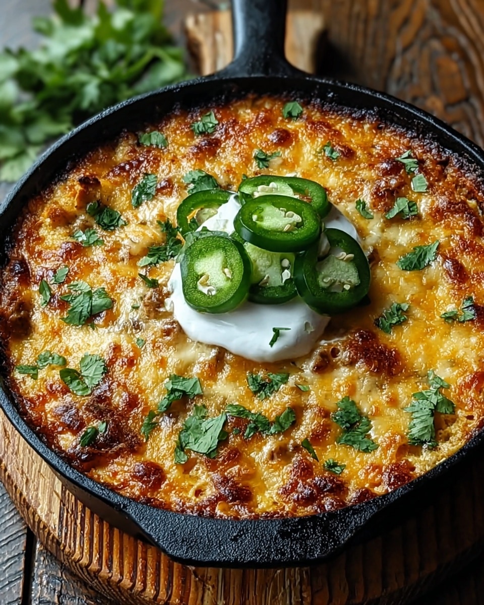 A black cast iron skillet filled with a baked dish showing a golden-browned, bubbly top layer of melted cheese with melted spots giving a slightly crispy texture. Under the cheese, you see a creamy, orange-colored sauce visible around the edges. The dish is garnished with fresh green cilantro leaves and thin slices of green jalapeño peppers arranged mostly in the center on top. The skillet sits on a wooden board, all placed on a white marbled texture surface. photo taken with an iphone --ar 4:5 --v 7