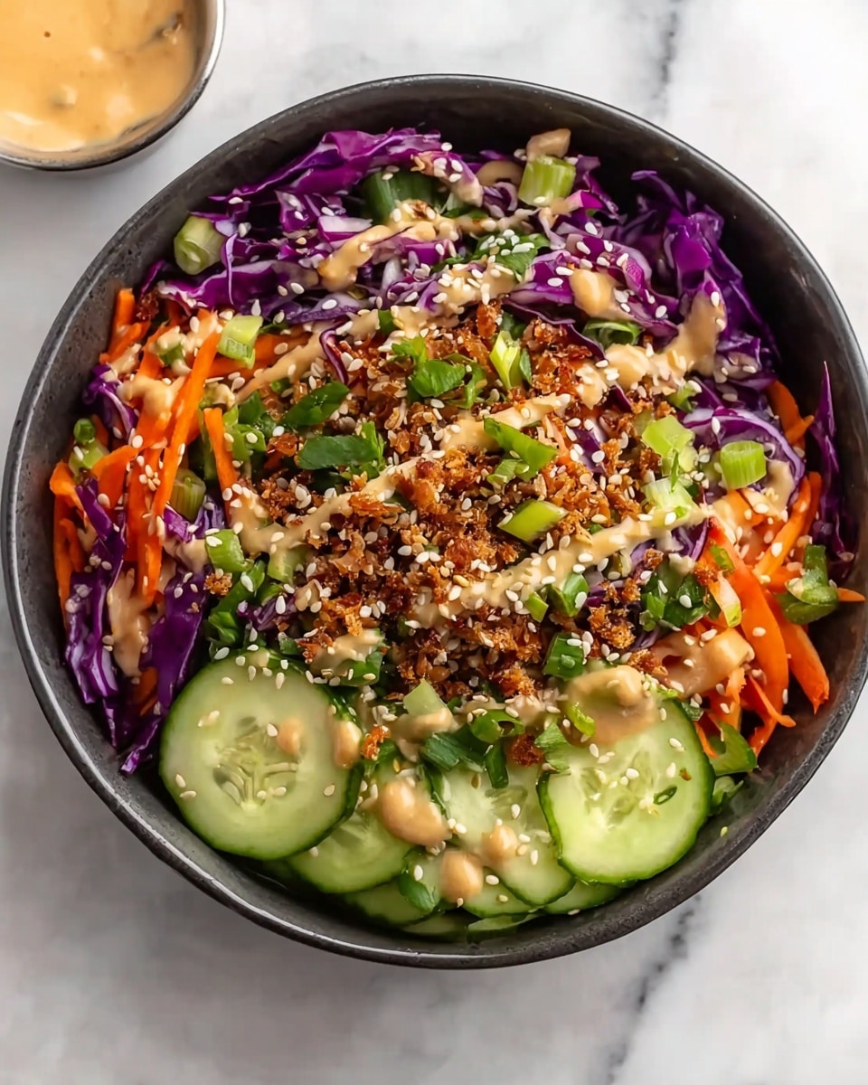A close-up of a black bowl filled with a colorful mix of cooked brown rice, thinly sliced purple cabbage, red bell pepper strips, and chunks of cucumber, all mixed well and sprinkled with small sesame seeds. A gold fork lifts a bite showing a mix of all these ingredients, highlighting the glossy texture and fresh, vibrant colors of the vegetables and rice. In the background, the bowl sits on a white marbled textured surface. Photo taken with an iphone --ar 4:5 --v 7