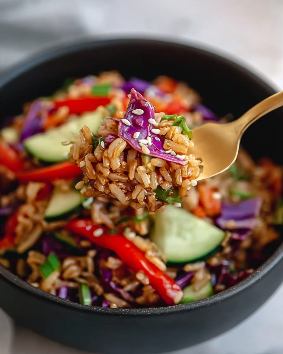 A dark bowl filled with a colorful salad sits on a white marbled surface. The base layer consists of thinly sliced bright purple cabbage and fresh green cucumber slices evenly spread around the bowl's edge. Scattered over this are thin strips of orange carrot adding a crunchy texture. On top, there is a layer of crispy brown bits, resembling fried grains or nuts, sprinkled with white sesame seeds. Drizzled across the top is a creamy beige dressing, adding contrast and richness. Some green chopped herbs are mixed in, giving a fresh touch. Photo taken with an iphone --ar 4:5 --v 7