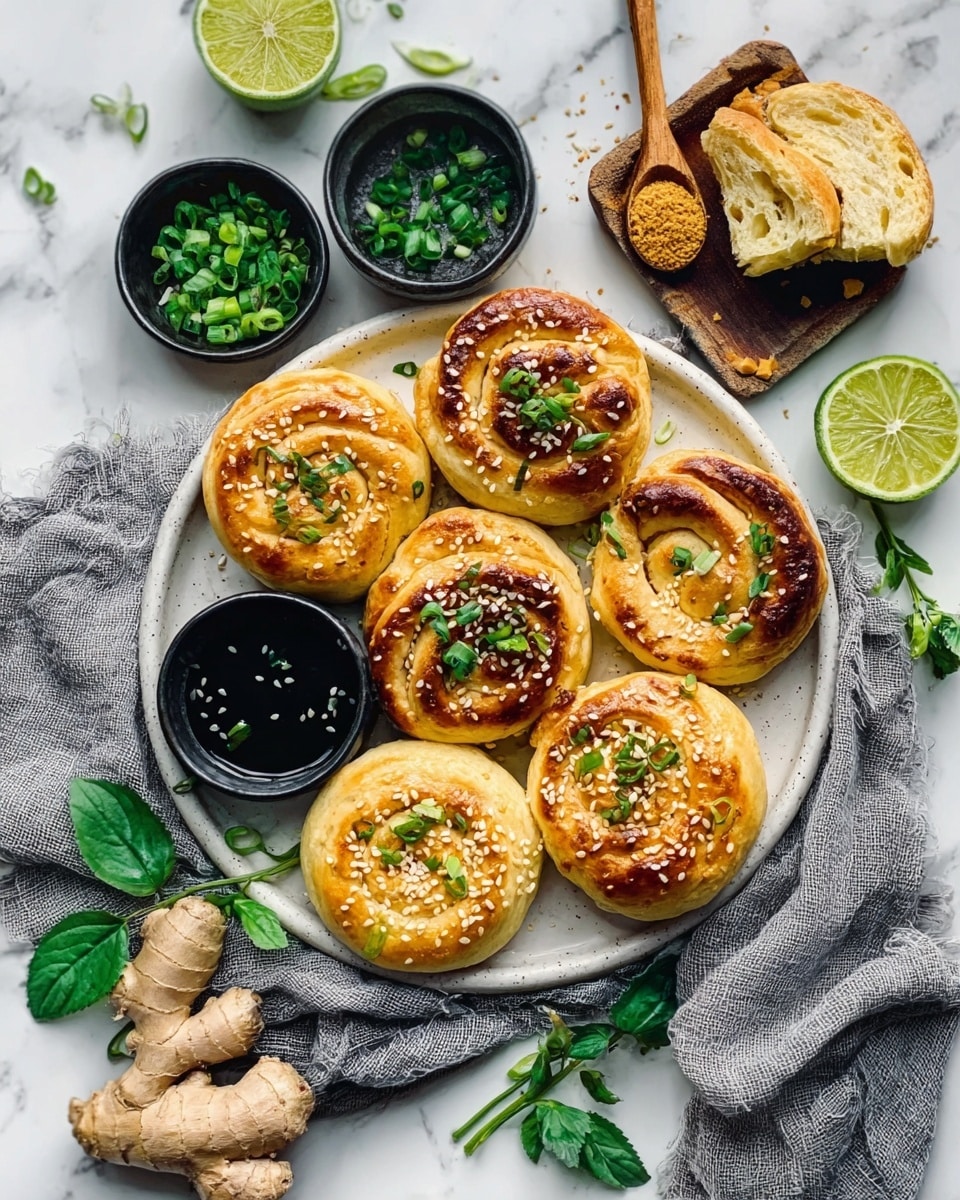 The image shows four round dough buns twisted into a spiral shape with visible layers of soft, pale dough flecked with small green onion bits. They are cooking in a black speckled frying pan, which has a rough texture. A woman's hand is holding a black slotted spatula near the buns, ready to flip or move them. The background beneath the pan is a white marbled surface. The buns have a slightly shiny and smooth appearance with some light browning spots. Photo taken with an iphone --ar 4:5 --v 7