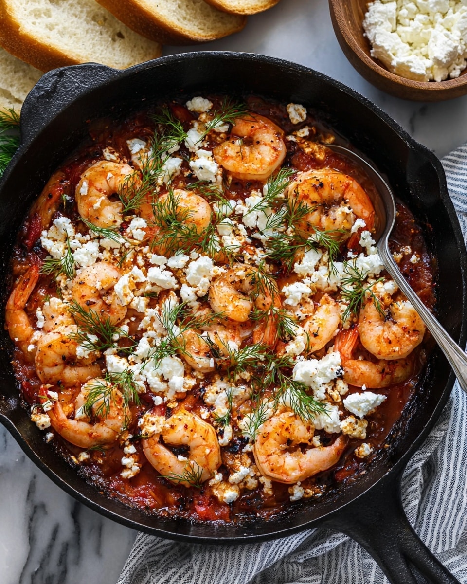 In the image, a black cast iron skillet holds a vibrant dish featuring a rich red tomato sauce base scattered with whole shrimp, their orange and pink shells slightly charred and nestled in the sauce. White crumbled cheese is sprinkled across the shrimp and sauce, adding a contrasting texture and color. Small green dill sprigs are delicately placed on top, adding color and freshness. The skillet sits on a white marbled surface with a striped cloth underneath, and there are some toasted bread slices and a wooden bowl with more white cheese blurred in the background. A silver spoon peeks inside the skillet from the right edge. Photo taken with an iphone --ar 4:5 --v 7