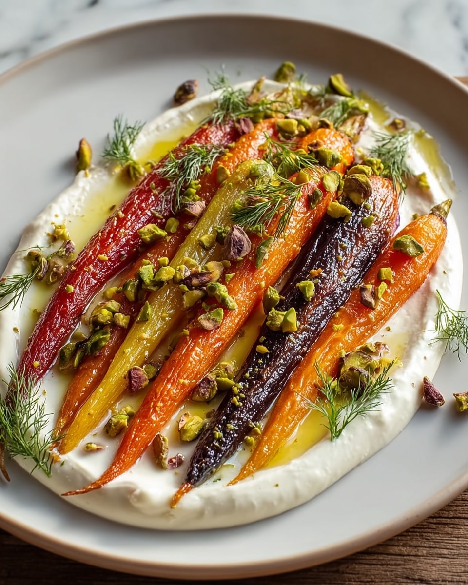 A white plate holds a base layer of smooth, creamy white sauce spread in an oval shape. On top, there are five roasted carrots placed side by side, showing colors from orange, yellow, to deep purple with a shiny, glazed texture. The carrots have light grill marks and a slight sheen from oil. Scattered over the carrots and sauce are crushed green pistachios and small sprigs of fresh green dill, adding texture and pops of color. The whole plate rests on a white marbled surface. photo taken with an iphone --ar 4:5 --v 7