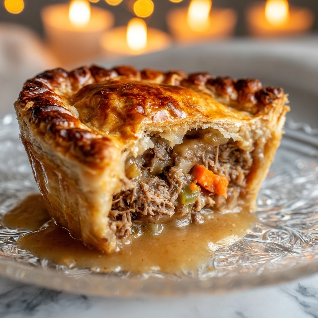 A close-up view of a half-eaten meat pie placed on a clear glass plate with intricate patterns. The pie has a golden-brown flaky crust on top and bottom, with the top crust slightly puffed and textured. Inside, there are layers of shredded brown meat mixed with small chunks of orange carrots and light green celery, all surrounded by a glossy, light brown gravy that is slightly spilling onto the plate. The background shows soft, warm, out-of-focus candle lights with a white marbled texture underneath the plate. Photo taken with an iphone --ar 4:5 --v 7