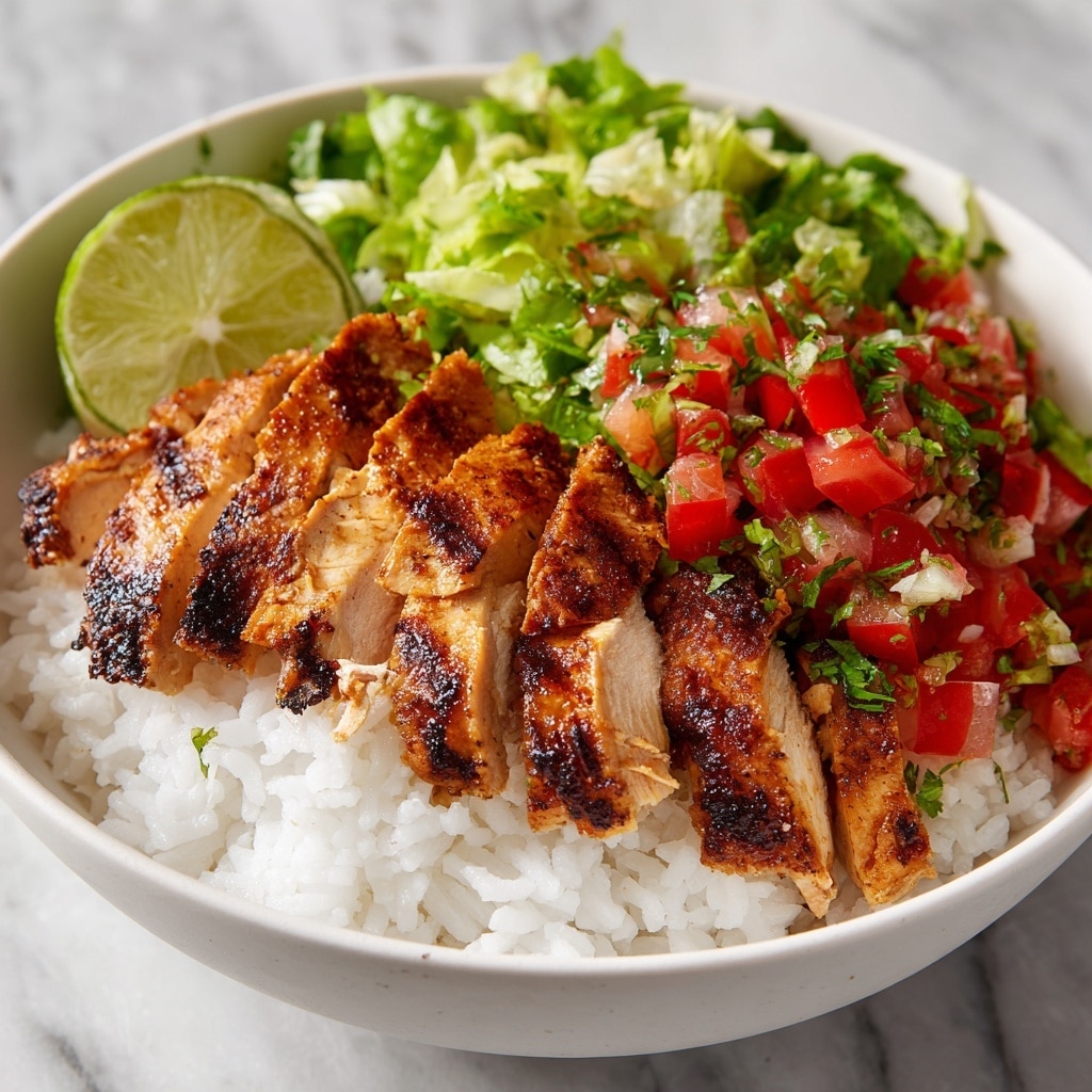 A white bowl filled with a base layer of fluffy white rice, topped with two grilled chicken skewers that have a charred, golden-brown texture and sprinkled with chopped green herbs. Over the skewers, there are drizzles of a creamy orange-colored sauce being poured from a spoon held by a woman's hand. On the side, there are two lime halves placed on the rice. The surface below is a white marbled texture. Photo taken with an iphone --ar 4:5 --v 7