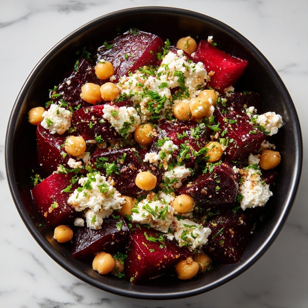 A colorful salad is shown in a close-up view inside a white ceramic bowl with a slightly wavy rim. The salad has three main layers: the bottom layer is a mix of bright red beet cubes with a smooth but slightly shiny texture, the middle layer contains round, light beige chickpeas with a subtle matte surface, and the top layer has small chunks of white cheese dotted with chopped green herbs scattered evenly throughout. The salad appears fresh and slightly glossy, with the green herbs adding a touch of bright color on top of the red beet and beige chickpeas, all set against a white marbled surface. photo taken with an iphone --ar 4:5 --v 7