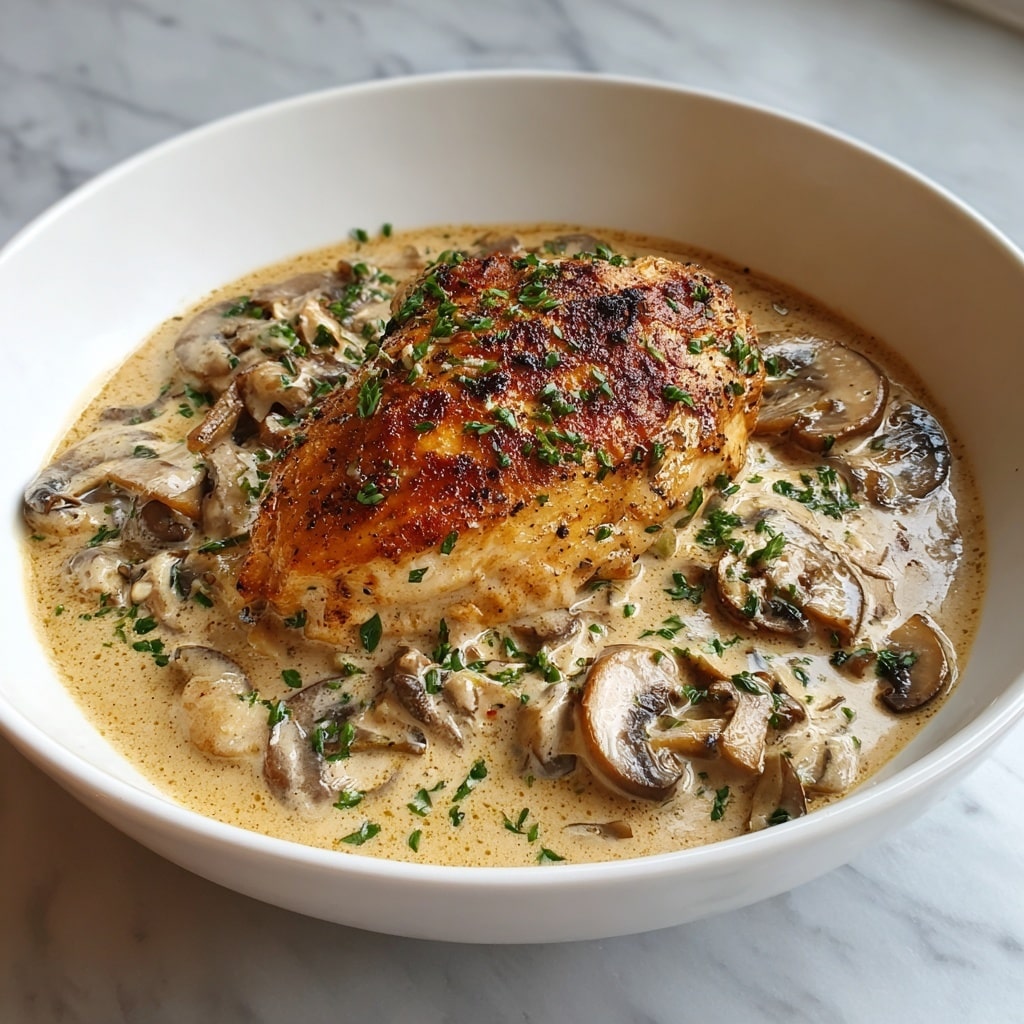 A white plate holds a serving of white rice on the left side, with a thick, light brown mushroom sauce poured over a grilled chicken breast on the right. The chicken is topped with several slices of cooked mushrooms, and sprinkled with small pieces of green parsley. A sprig of parsley rests next to the rice, adding a fresh touch. The plate sits on a white marbled surface, creating a clean, bright background. Photo taken with an iphone --ar 4:5 --v 7