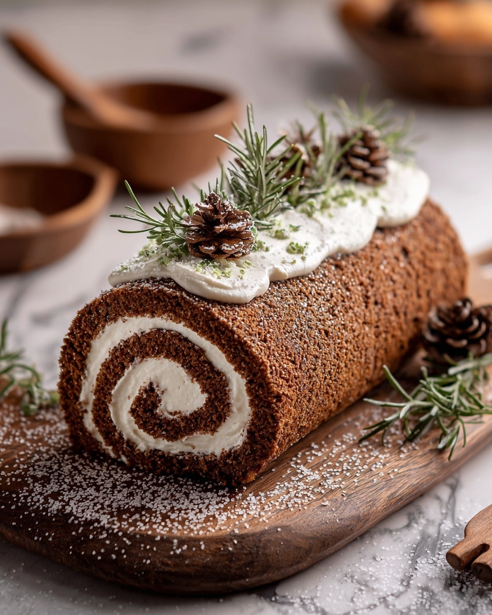 A rolled cake with a deep brown outer layer textured like a soft sponge, tightly wrapped around a thick, creamy white filling visible in a spiral shape inside. The top surface is covered with a smooth white cream layer, decorated with small green rosemary sprigs and a few brown pine cones, giving a rustic look. The roll rests on a wooden board with some white sugar crystals lightly scattered around it. The background shows blurred wooden bowls and utensils on a white marbled texture surface. Photo taken with an iphone --ar 4:5 --v 7