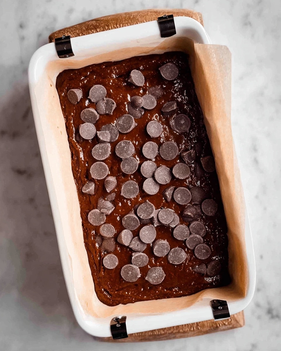 A dark brown chocolate banana bread loaf topped with scattered chocolate chips and a few flakes of sea salt on its textured crust, placed on a white oval plate; three thick slices are cut from the loaf, showing a moist and dense chocolate inside with visible chocolate chips. The plate is set on a white marbled texture with ripe, speckled bananas at the bottom and some baking tools around. photo taken with an iphone --ar 4:5 --v 7