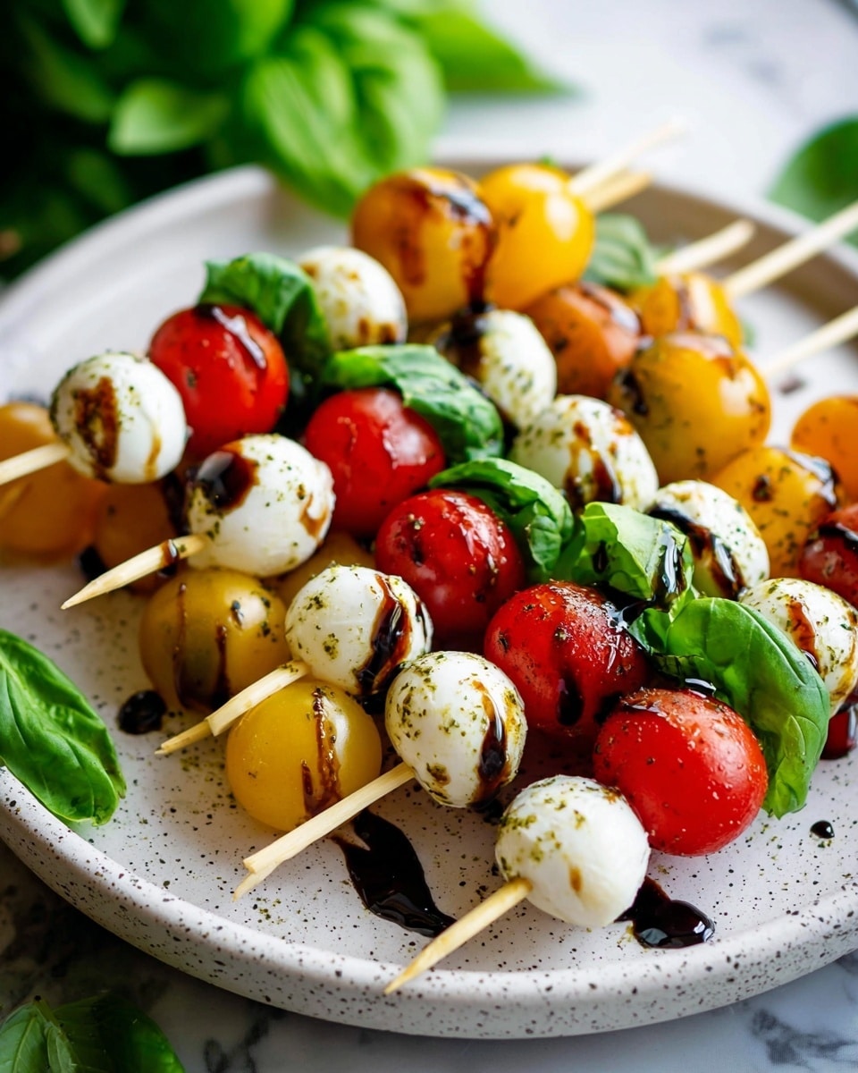 The image shows several skewers laid on a gray plate with a rough texture, placed on a white marbled surface. Each skewer has three layers repeatedly arranged: bright red cherry tomato, fresh green basil leaf, and smooth white mozzarella ball, ending with either a yellow or red tomato. The mozzarella balls are drizzled with a dark balsamic glaze that drips slightly onto the plate, adding contrast and shine. In the background, fresh red cherry tomatoes on a vine sit to the right, and a small white bowl with balsamic glaze is visible out of focus. Photo taken with an iphone --ar 4:5 --v 7