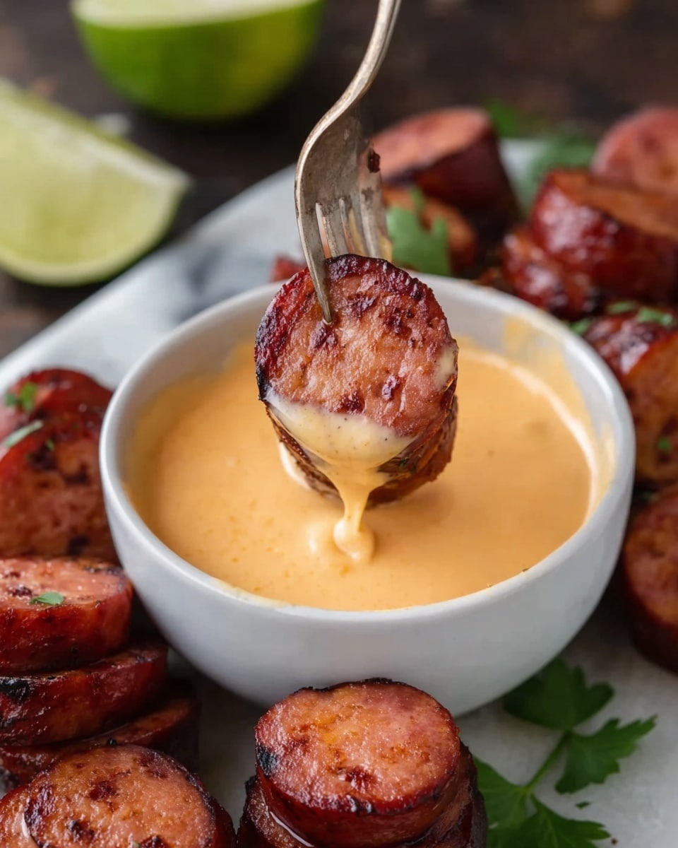 The image shows a white bowl filled with creamy, light orange cheese sauce with a smooth texture. Surrounding the bowl are several pieces of sliced sausage with a reddish-brown grilled exterior and a slightly shiny surface, stacked in a spiral shape. A silver fork with a piece of the sausage is dipped into the cheese sauce, held above the bowl. In the background, more sausage pieces and a lime wedge sit on a white marbled surface. Some green parsley leaves are placed near the edge of the surface. Photo taken with an iphone --ar 4:5 --v 7