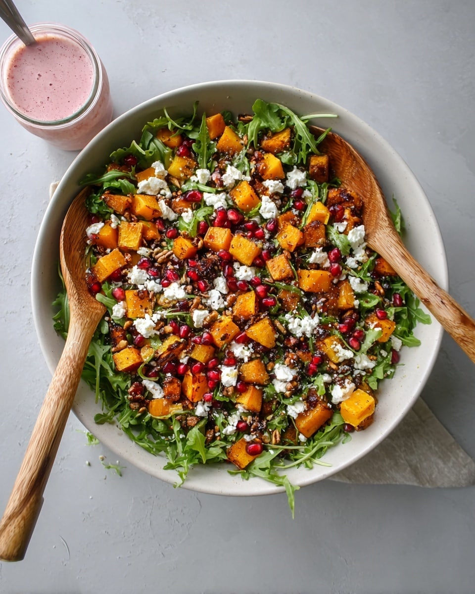 A wooden bowl filled with a fresh salad that has three main layers: the bottom layer is a bed of dark green leafy kale and mixed greens, the middle layer consists of orange roasted pumpkin cubes evenly spread across the greens, and the top layer is made of bright red pomegranate seeds and a sprinkle of small toasted seeds or nuts. The colors stand out clearly against the wood of the bowl, and the salad looks fresh and healthy, with some pieces showing a lightly glazed texture. The bowl sits on a white marbled surface. photo taken with an iphone --ar 4:5 --v 7