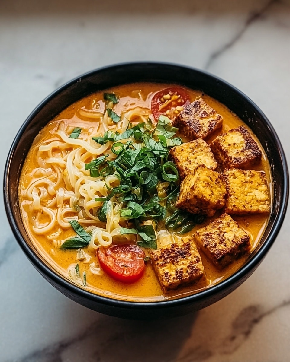 A black bowl filled with three layers: the bottom layer is orange creamy broth with a smooth texture, the middle layer has pale, curly noodles submerged in the broth, and the top layer features golden-brown seared tofu cubes scattered around, with chopped green herbs sprinkled in the center, along with a couple of small red tomato pieces visible in the broth. The bowl is placed on a white marbled surface. photo taken with an iphone --ar 4:5 --v 7