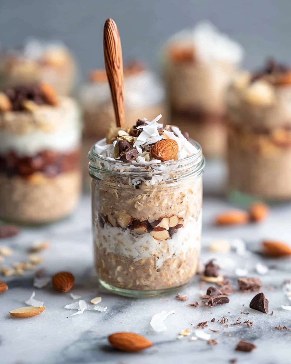 A small clear glass jar filled with layers of a creamy light brown mixture topped with a pile of sliced pale almond pieces, shredded white coconut flakes, and scattered small dark brown chocolate chips. On top of the pile rests a single whole brown almond. A wooden spoon handle is inserted into the jar. The jar is placed on a white marbled surface with blurred whole almonds and chocolate pieces scattered around it. photo taken with an iphone --ar 4:5 --v 7