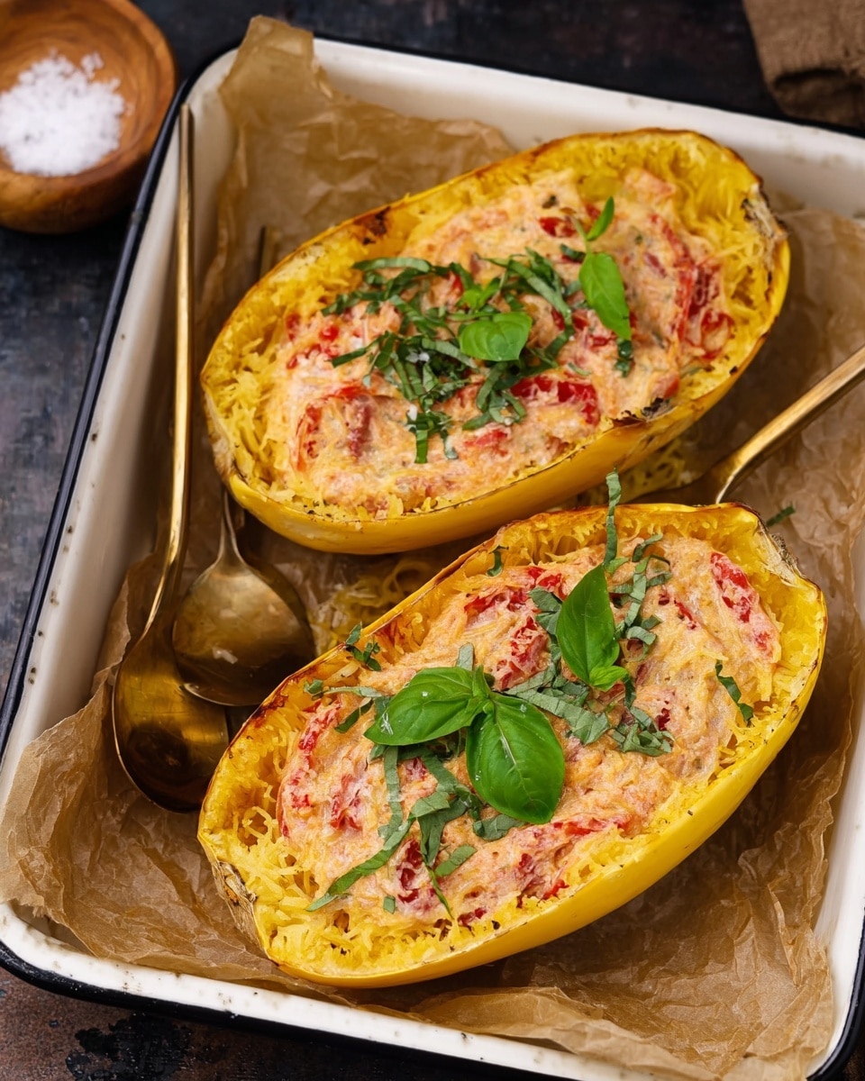 This image shows two halves of a spaghetti squash filled with a creamy tomato and spinach mixture, placed side by side on brown parchment paper. The squash shell is a bright yellow-orange color with a slightly rough texture, forming the base layer. Inside, the spaghetti squash strands create a soft, shredded yellow layer that is topped with a thick creamy sauce loaded with chunks of red cherry tomatoes and scattered green spinach leaves. There is a silver spoon inserted into one half, lifting the creamy mix to reveal the spaghetti squash beneath. The dish is garnished with fresh spinach leaves and coarse salt scattered lightly around the squash on the parchment paper, all set on a white marbled surface. Photo taken with an iphone --ar 4:5 --v 7