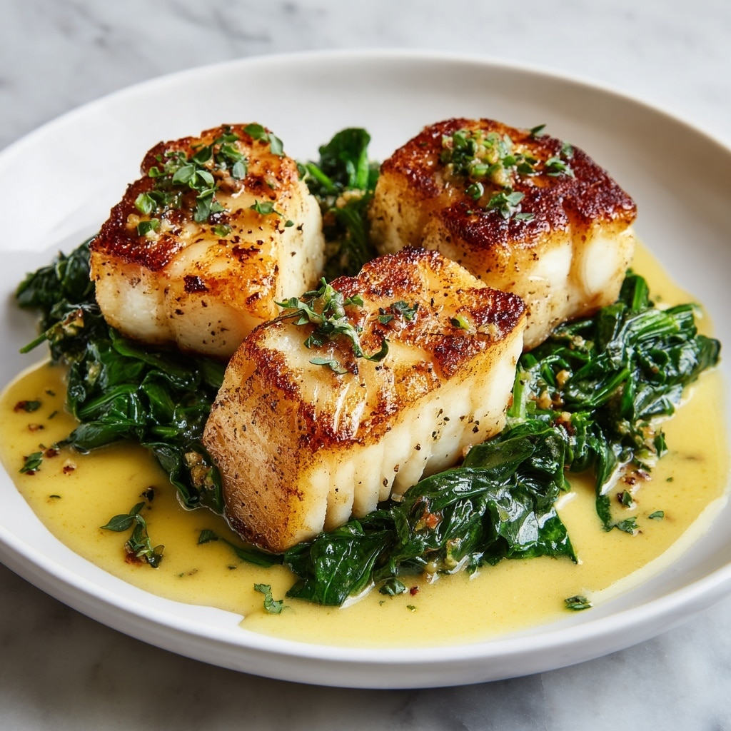 A white plate holds two thick pieces of golden-brown seared fish, each piece resting on a bed of glossy, dark green cooked spinach. The spinach looks soft and is partly covered by a creamy yellow sauce with small green herb pieces mixed in. The sauce also drips over the sides of the fish and pools slightly around the spinach, adding a smooth texture contrast. The fish has a light, flaky look with a slightly crisp edge. The plate sits on a white marbled texture. photo taken with an iphone --ar 4:5 --v 7