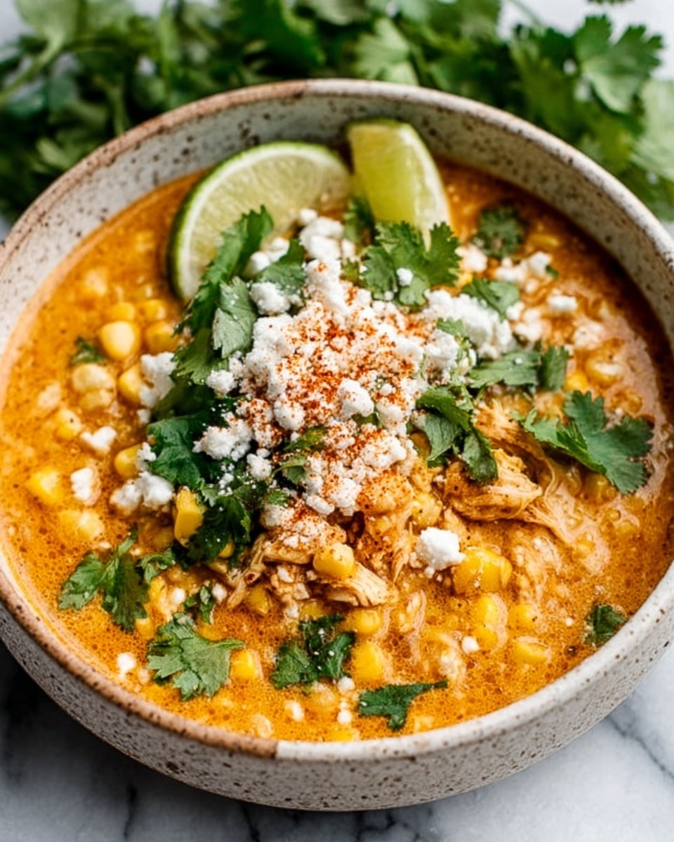 A white bowl filled with a thick soup that is orange with visible yellow corn kernels and green herbs mixed throughout. On top, there is a sprinkle of white crumbly cheese and green cilantro leaves in the center, along with a bright green lime wedge placed on the left edge of the bowl. The bowl sits on a white marbled surface. photo taken with an iphone --ar 4:5 --v 7