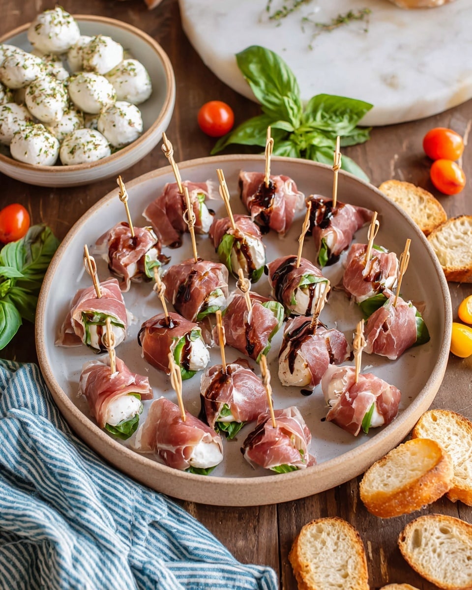 This image shows multiple small rolls arranged closely together on a white marbled surface. Each roll has three layers: a thin outer layer of pinkish cured meat wrapped around a smooth white cream cheese filling, with green fresh basil leaves peeking out from inside. The rolls are held together with light-colored wooden picks tied in a loop at the top. A dark glossy balsamic glaze is drizzled over the rolls, adding a shiny finish and contrasting with the soft textures. photo taken with an iphone --ar 4:5 --v 7