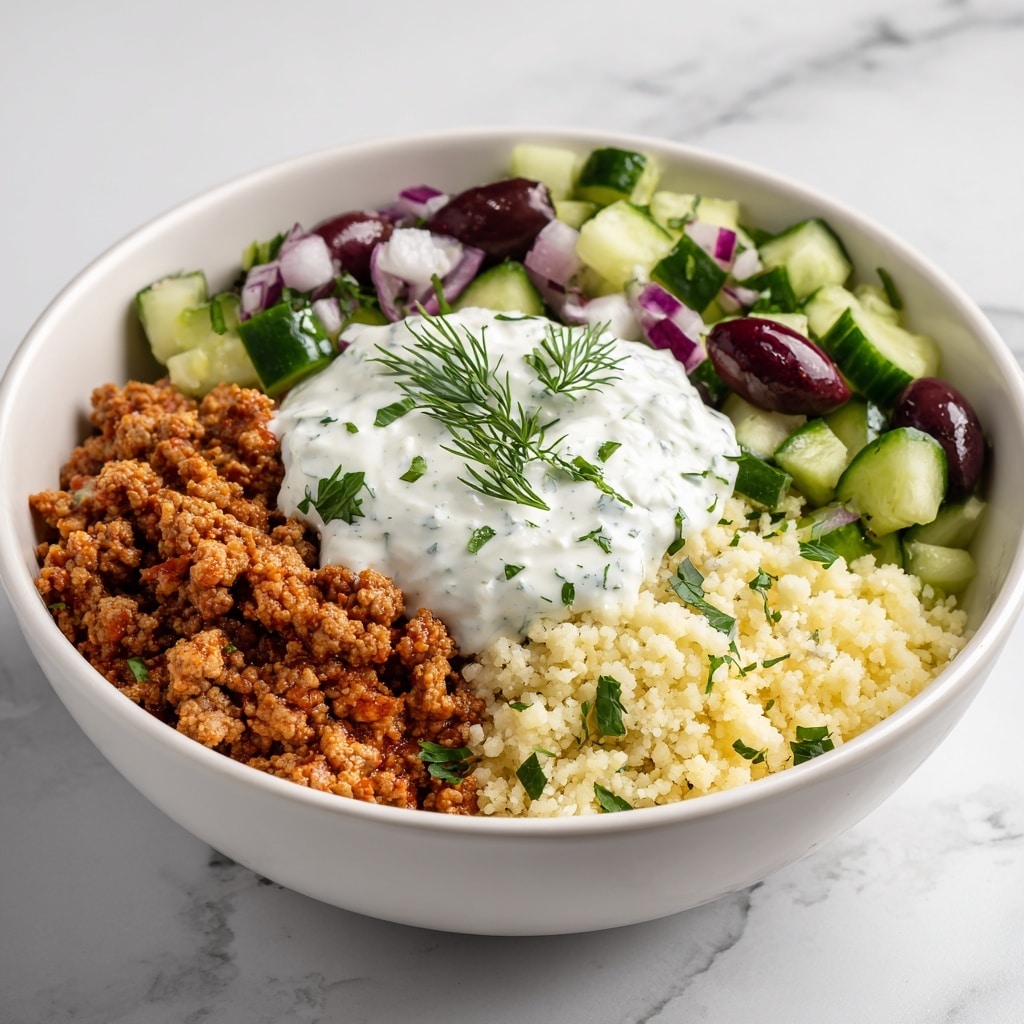 A white bowl contains three main layers: on the left side, there is a layer of cooked ground meat with a light brown color and a slightly crumbly texture; to the right, a layer of small, pale yellow grain resembling cauliflower rice; in the center on top, there is a fresh salad made of chopped green cucumbers, dark red olives, small pieces of red onion, and green herbs. On top of the salad, a dollop of white creamy sauce with small green herb bits is placed, garnished with a few sprigs of fresh dill. The bowl sits on a white marbled surface. photo taken with an iphone --ar 4:5 --v 7
