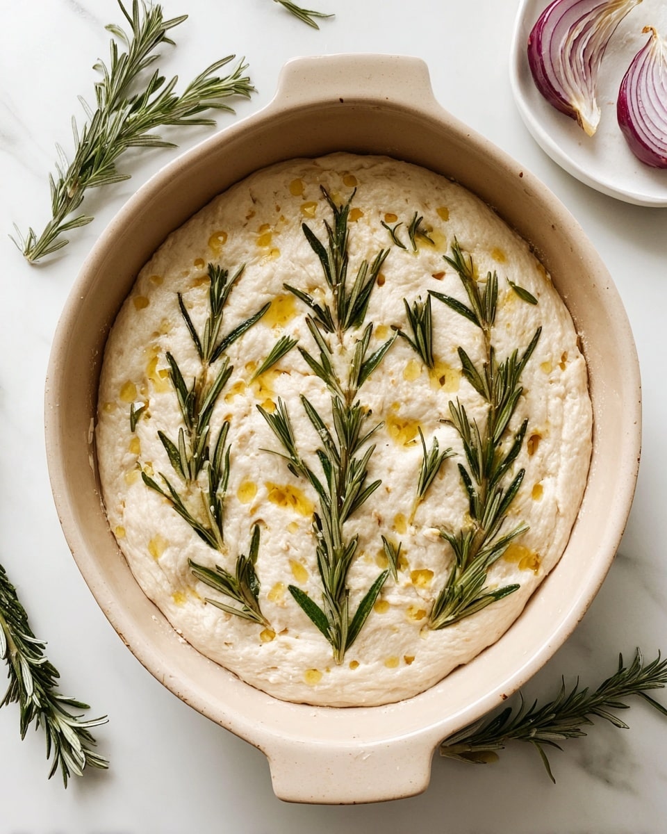 The dish is a baked focaccia bread shaped like an oval in a light beige ceramic baking dish. The top layer is golden brown and slightly puffy with a soft texture. On this layer, there are several toppings arranged as a small tree: green rosemary sprigs with needle-like leaves form the branches, thin slices of white onion create round accents, and small roasted cherry tomatoes in red and orange add bright spots of color. A small piece of roasted garlic at the bottom represents the tree trunk, and a small star shape made of browned garlic slices decorates the top. The baking dish is set on a white marbled surface with a white cloth nearby, some rosemary sprigs on the side, and a plate of fresh vegetables with cherry tomatoes and onions in the corner. Photo taken with an iphone --ar 4:5 --v 7