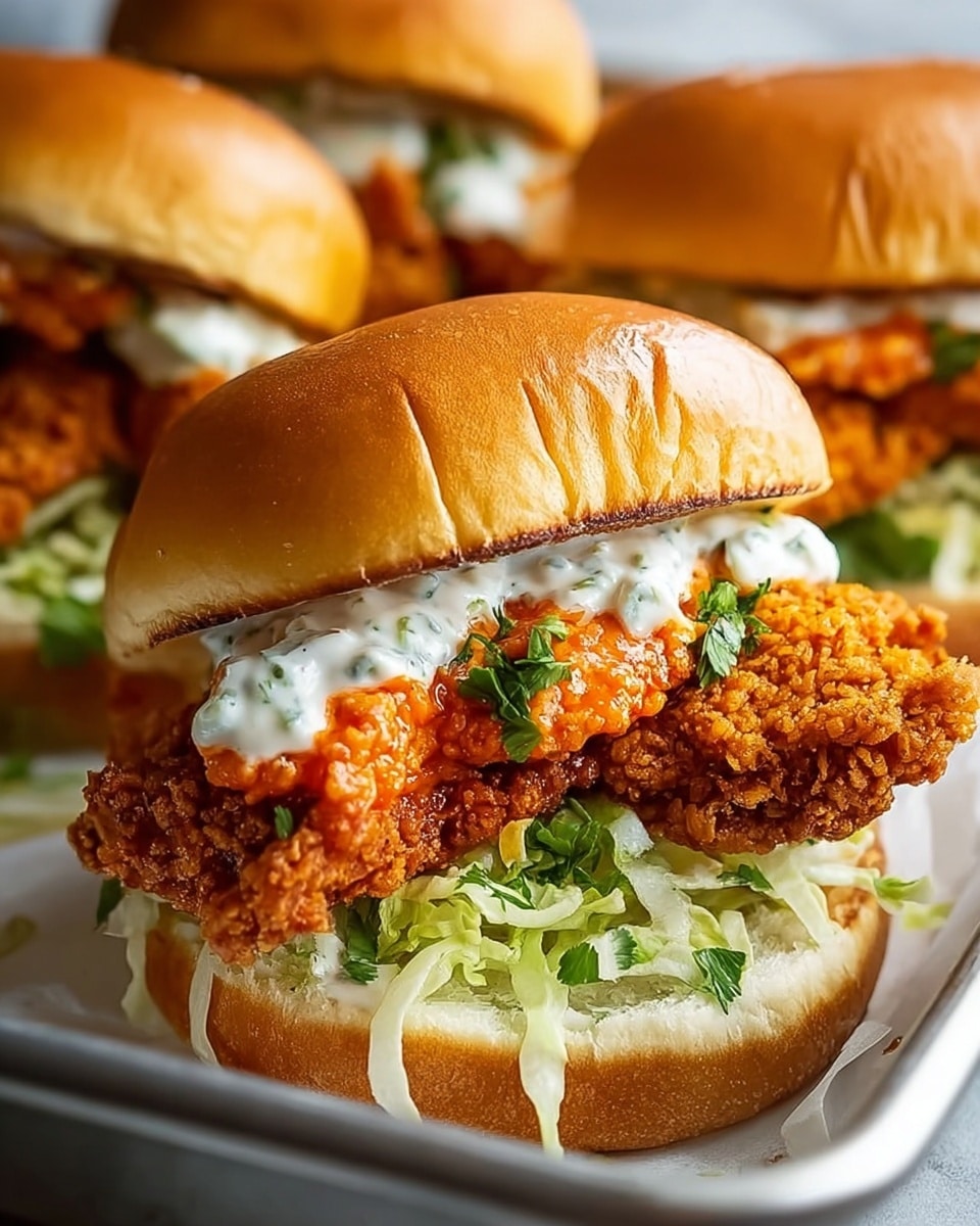 Two fried chicken sandwiches sit side by side on parchment paper over a wooden board, each sandwich layered with a golden-brown crispy fried chicken fillet, topped with a colorful mix of shredded green and purple cabbage slaw, and finished with a glossy, soft light brown bun on top and bottom. A small silver cup filled with white sauce stands in the background along with a few crispy orange fries peeking from behind the sandwiches, all set on a white marbled surface. The photo captures the texture of the crunchy chicken and fresh slaw with soft lighting, photo taken with an iphone --ar 4:5 --v 7