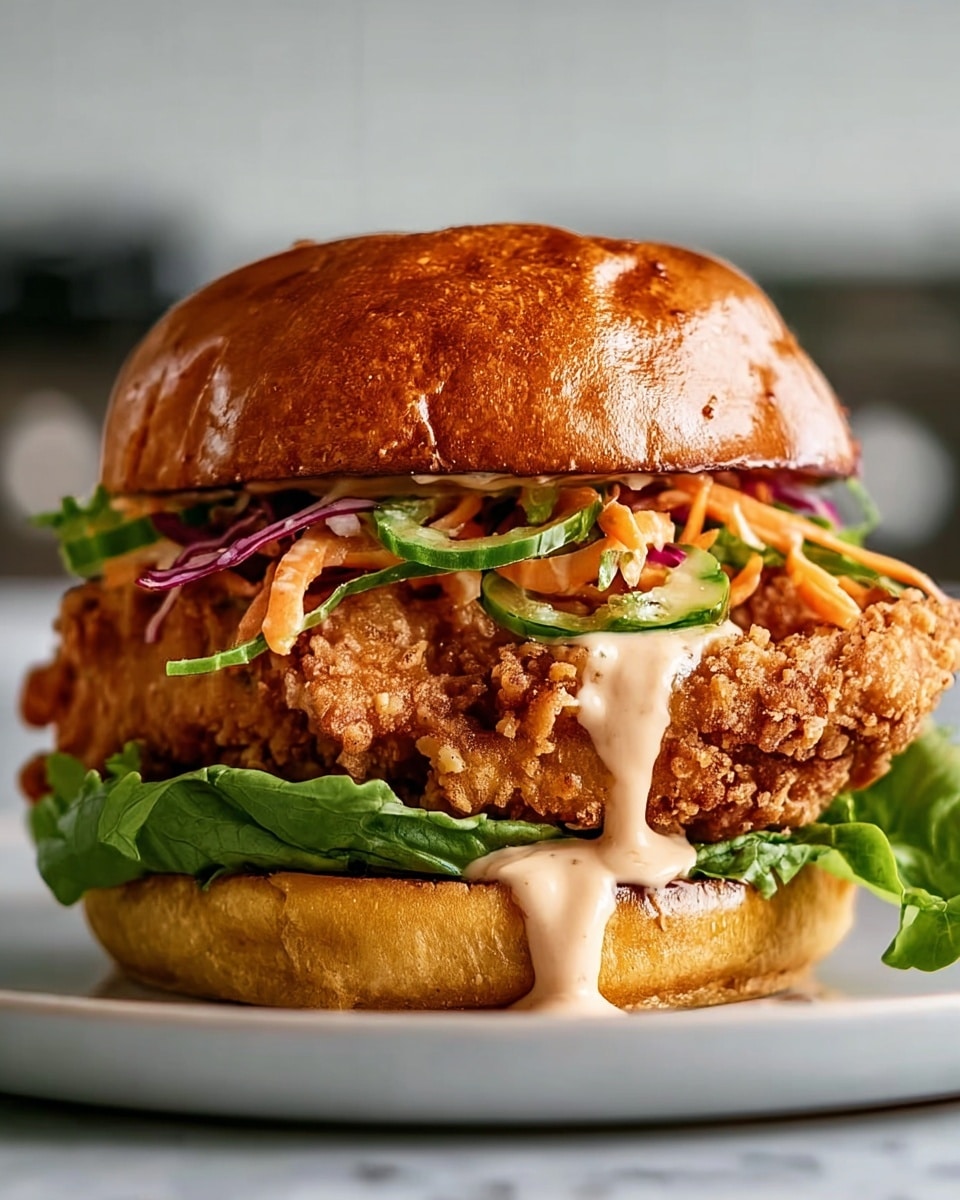 The image shows a close-up of a crispy fried chicken sandwich on a soft golden bun with sesame seeds on top. Inside the sandwich, there is a thick, crunchy fried chicken piece that is golden brown, layered with bright green fresh cilantro leaves and a mix of shredded, colorful vegetables like purple cabbage and orange carrots. The sandwich is placed on a clean white plate on a white marbled surface, with another similar sandwich blurred in the background. A woman's hand is about to pick up the sandwich, adding a sense of casual enjoyment. Photo taken with an iphone --ar 4:5 --v 7