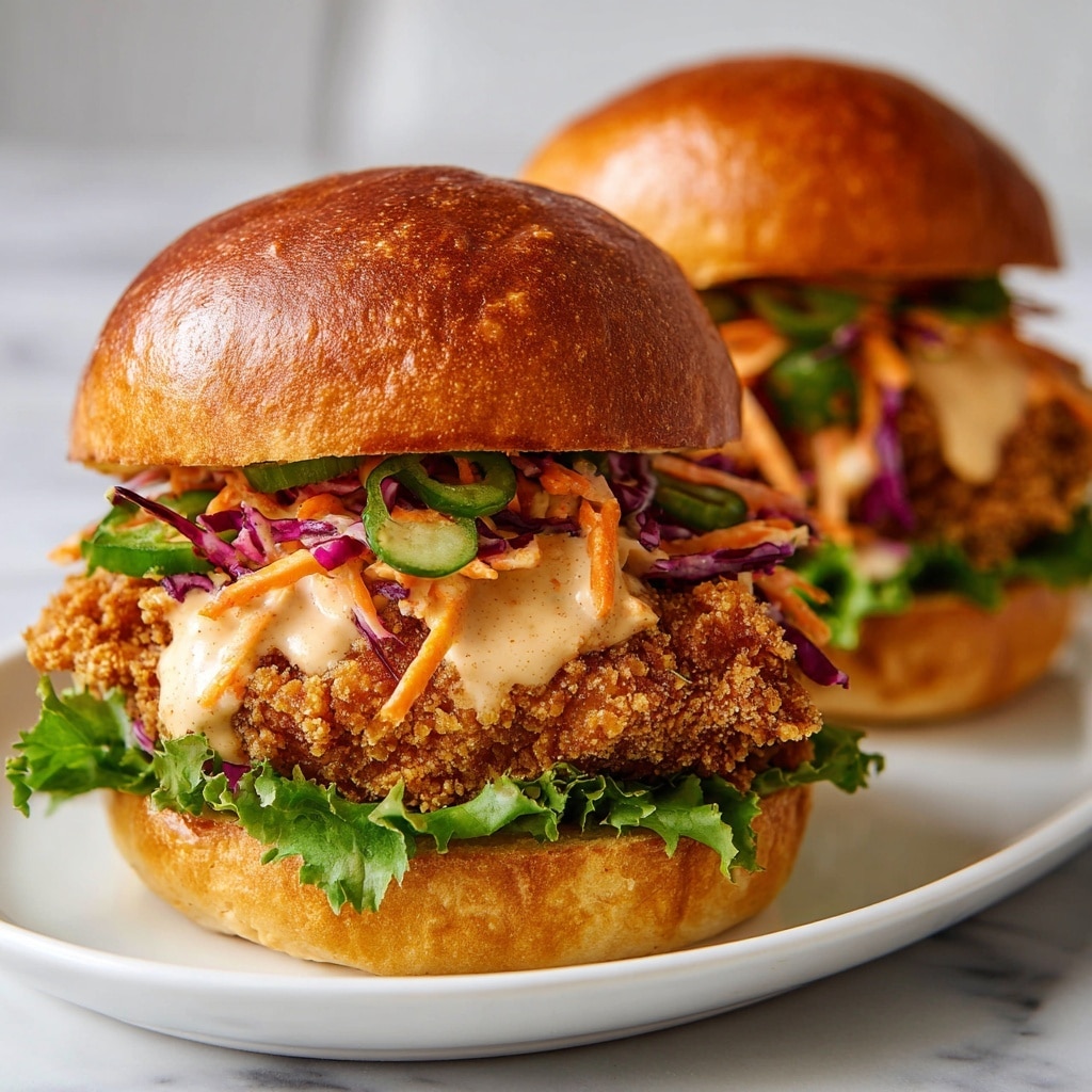 A crispy fried chicken sandwich on a soft, shiny golden-brown bun, with the top bun slightly glossy and smooth. Inside, the bottom bun holds fresh green leafy lettuce. Above the lettuce, a thick piece of golden, crunchy fried chicken with coarse, textured breading slightly uneven for a homemade look. On top of the chicken, there are shredded orange and purple vegetables mixed with green slices, topped with creamy beige sauce dripping slightly onto the chicken. The sandwich sits on a white plate over a white marbled surface. photo taken with an iphone --ar 4:5 --v 7