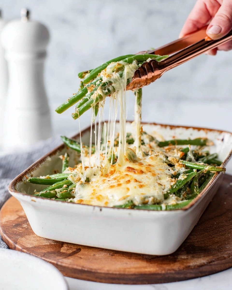 The dish shows a white rectangular baking dish filled with bright green fresh green beans as the base layer. On top, there is a thick layer of melted, golden-brown cheese that is stringy and stretchy as it is lifted by a woman's hand holding copper tongs. The cheese has some browned spots, adding texture, and small bits of seasoning are visible on both the green beans and cheese. The dish sits on a white marbled surface with a blurred white pepper grinder in the background. photo taken with an iphone --ar 4:5 --v 7