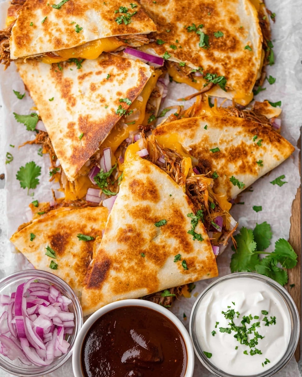 A close-up of a golden-brown folded quesadilla being dipped into a white bowl of creamy white sauce with green herb bits on top. The quesadilla has three visible layers inside: melted yellow cheese, cooked meat mixed with red sauce, and purple onion slices with green herbs. The quesadilla is held by a woman's hand and there are more quesadilla pieces and fresh green cilantro leaves scattered on a white marbled surface. Some thin slices of yellow cheese and purple onion rings are also visible around. photo taken with an iphone --ar 4:5 --v 7
