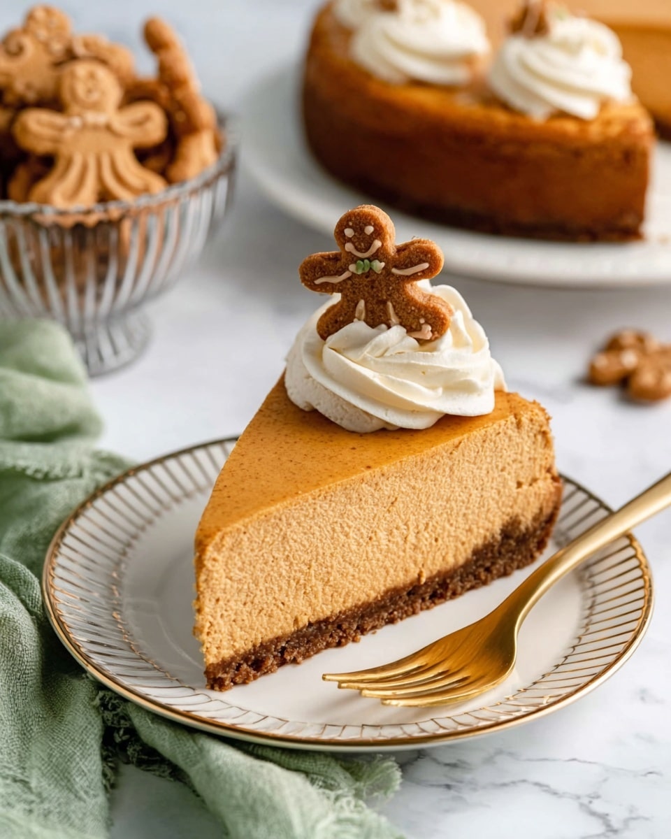 A tall slice of cheesecake sits on a white plate with a thin gold rim, placed on a white marbled surface. The cheesecake has three layers: a light golden brown crumbly crust at the bottom, a thick creamy off-white middle layer with a smooth texture, and a thin caramel-colored top layer that looks shiny and firm. On top of the cheesecake slice, there is a small gingerbread cookie shaped like a person, decorated with white icing details. More gingerbread cookies are scattered around the plate and background. A woman's hand is reaching toward the cheesecake from the right side. Photo taken with an iphone --ar 4:5 --v 7