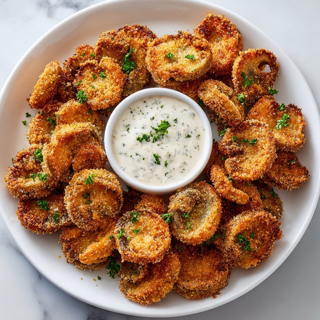 A white plate is full of golden brown, crispy fried shrimp, each piece having a crunchy texture with visible ridges from the frying coating. In the center top of the plate is a small white bowl filled with creamy white dipping sauce topped with small green herb bits, likely chopped parsley or chives. The plate rests on a white marbled surface with some shrimp slightly spilling over the edges of the plate. The overall look is warm and inviting with a mix of rough fried texture and smooth sauce. Photo taken with an iphone --ar 4:5 --v 7