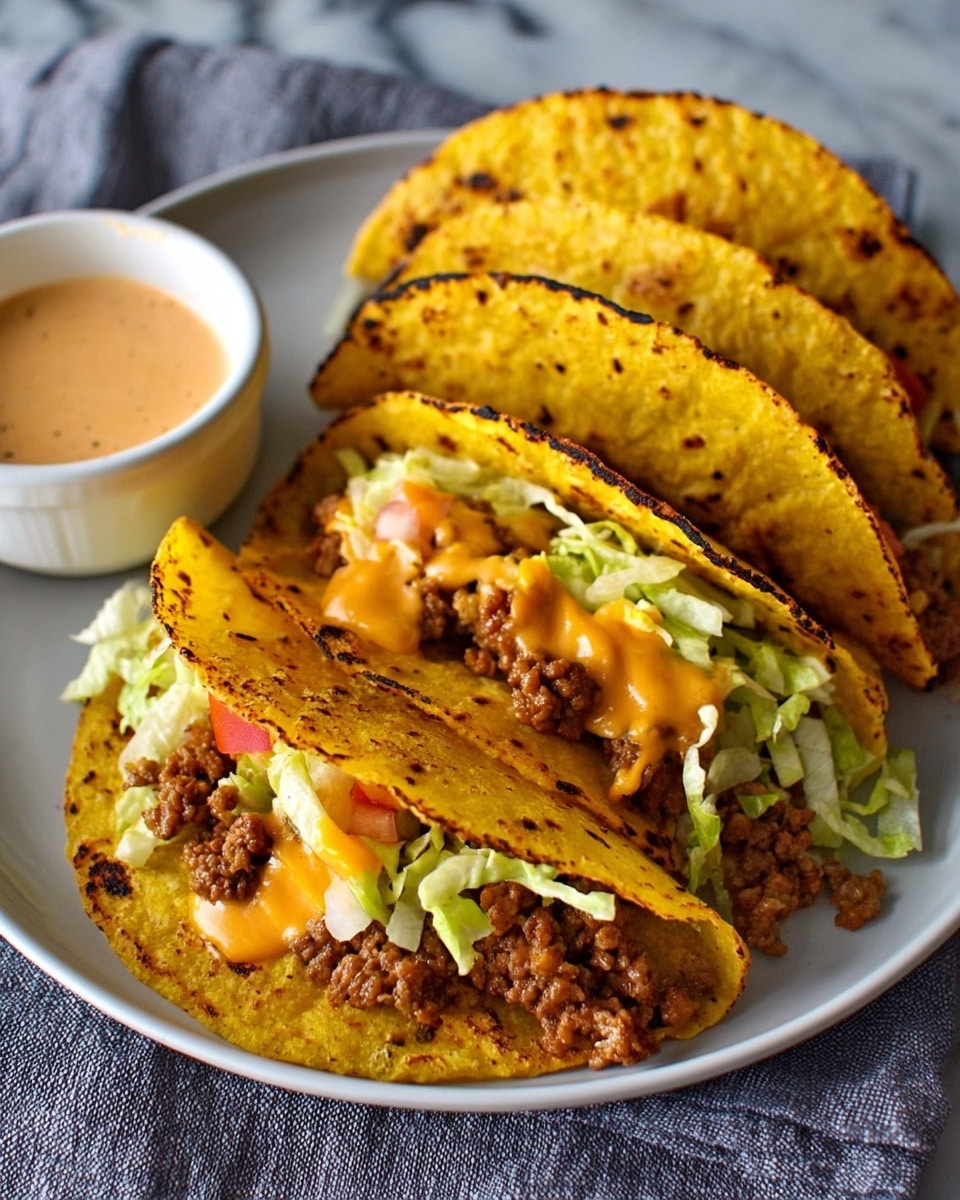 Four crispy yellow corn tortillas with charred spots are folded in half and filled with layers of melted orange cheese, browned ground beef, shredded light green lettuce, and small pieces of red tomato. The tacos are placed side by side on a white plate that rests on a gray cloth with a bowl of light brown sauce in the background. The setting is on a white marbled surface. photo taken with an iphone --ar 4:5 --v 7