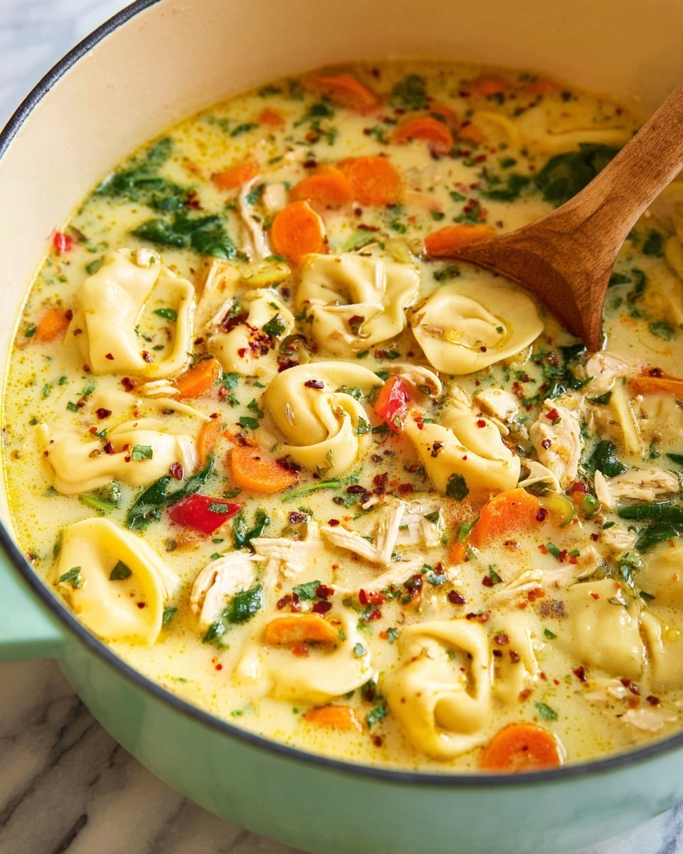 A close-up view of a large light green pot filled with a creamy soup containing multiple layers and textures: the soup base is a light yellow creamy broth; floating in the broth are pale yellow tortellini pasta, thin bright orange carrot slices, small red bell pepper pieces, green spinach leaves, and shredded cooked chicken pieces with a light brown color. Black specks of herbs and red chili flakes are scattered throughout. A light wooden spoon rests on the right side inside the pot, partially submerged in the soup. The pot sits on a white marbled surface. photo taken with an iphone --ar 4:5 --v 7