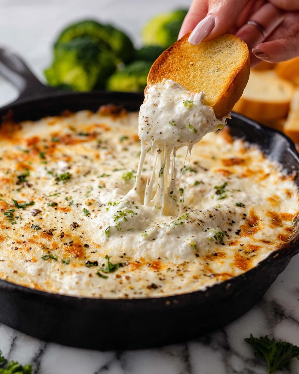A round black cast iron skillet filled with a creamy, bubbling cheese dip that has a golden-brown top layer with melted, slightly browned cheese spots scattered across the surface. The dip is sprinkled with small green herb pieces and black pepper for texture and color contrast. A slice of toasted bread is dipped into the cheesy mixture, showing a thick, smooth, white cheese layer underneath the browned top. Around the skillet, there are several slices of toasted bread with a golden crust and green broccoli florets resting on a white marbled surface, along with a folded black and white checkered cloth in the background. Photo taken with an iphone --ar 4:5 --v 7