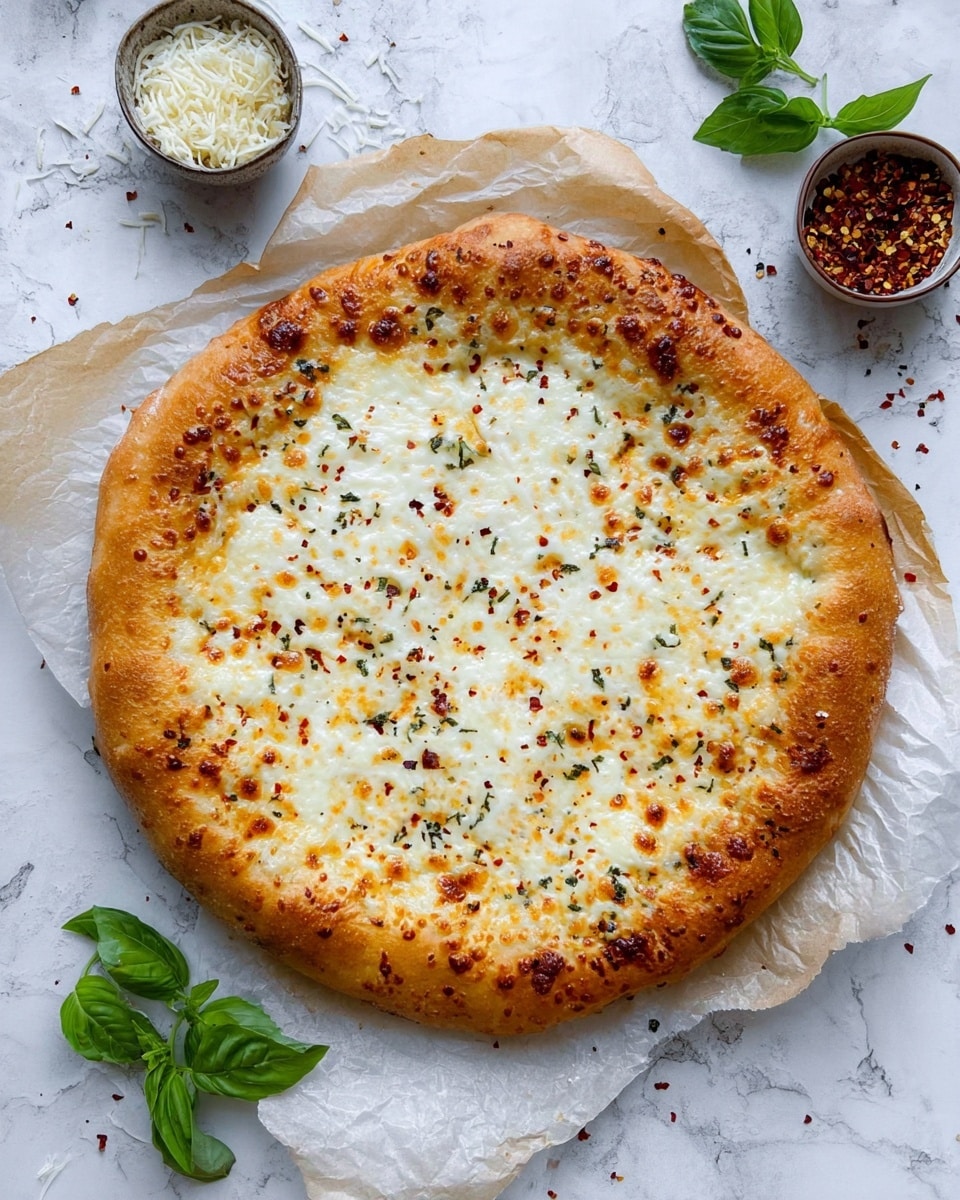 A round pizza with a golden-brown crust that is slightly thick and crispy around the edges. The pizza has a single layer of melted white cheese spread evenly across the top, with some melted spots showing light golden brown. There are small red chili flakes and a light sprinkling of black pepper scattered over the cheese, adding texture and color. The pizza is placed on a piece of crumpled parchment paper, resting on a white marbled surface. Fresh green basil leaves are placed near the pizza, along with two small bowls nearby, one containing red chili flakes and the other grated parmesan cheese. Photo taken with an iphone --ar 4:5 --v 7