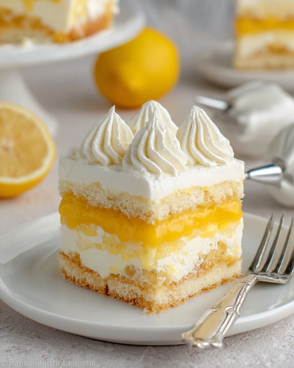 A clear glass dish shows a lemon dessert with three layers: the bottom layer is a pale yellow with a smooth texture, the middle layer is creamy white and thick, and the top layer is a brighter yellow jelly-like layer. On top, there are even rows of white whipped cream dollops arranged neatly across the whole surface. The dish sits on a white marbled textured surface with a lemon slice and a silver serving spoon with cut-out designs next to it. Two whole lemons and a green cloth are softly blurred in the background. Photo taken with an iphone --ar 4:5 --v 7