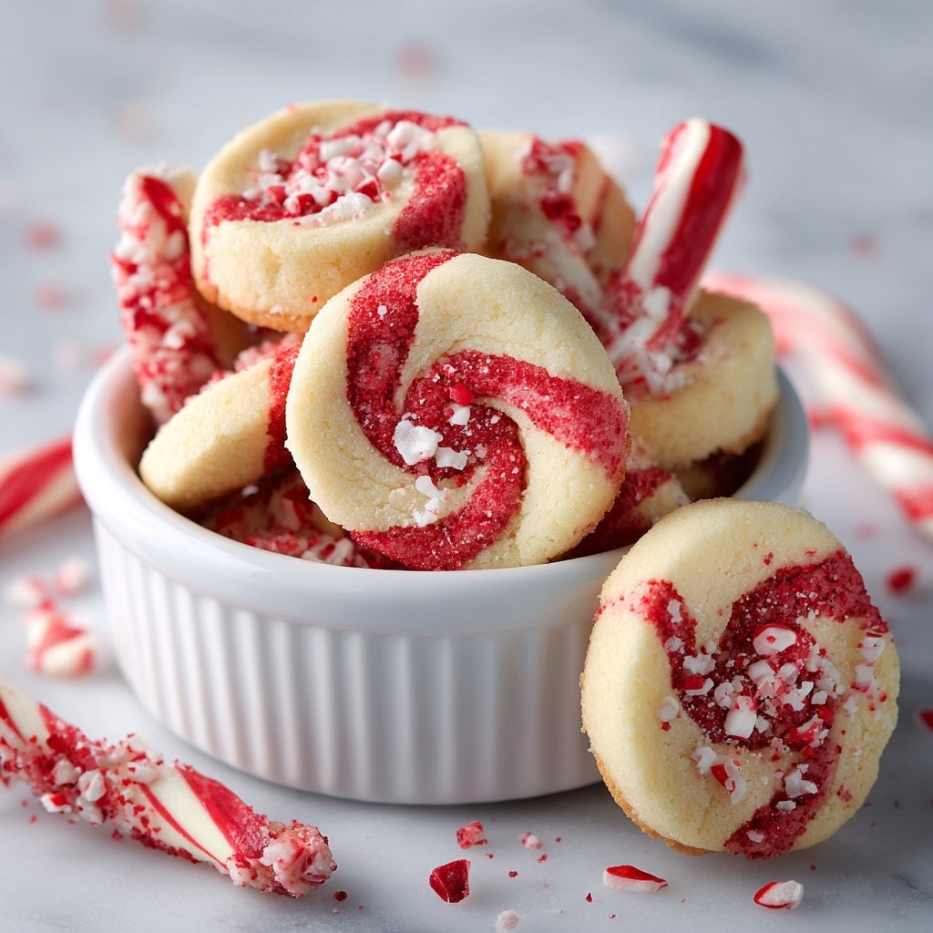 The image shows twisted cookies with two thick layers, one layer is bright red with a smooth texture, and the other is light beige with a slightly porous texture. The twisted cookies are soft and slightly rounded in shape with small white pieces sprinkled on top. These cookies fill and overflow a white bowl with vertical ridges on its surface, sitting on a white marbled surface. Additional twisted cookies and fragments of white pieces are scattered near the bowl. Photo taken with an iphone --ar 4:5 --v 7