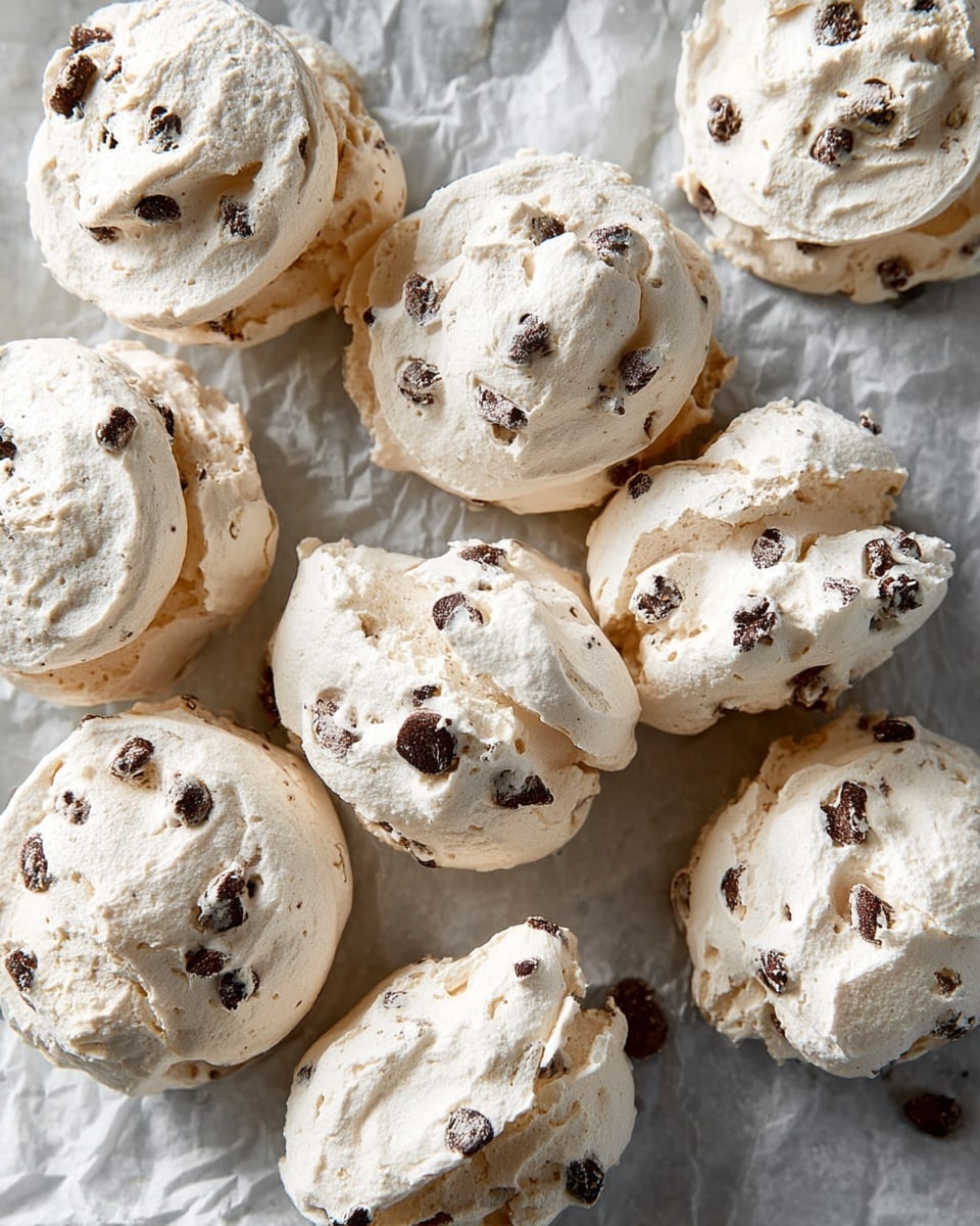 The image shows a wooden bowl filled with small, round, light beige meringue cookies that have a slightly rough and airy texture with bits of dark chocolate or nuts embedded in them. The bowl is placed on a surface with a white marbled texture. In the background, there is a tall white ceramic jug and a tray with a few more meringue cookies on white parchment paper next to the bowl. The scene has soft natural light highlighting the texture of the meringues and the wood grain of the bowl. Photo taken with an iphone --ar 4:5 --v 7