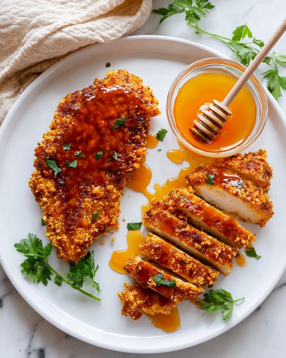 The dish features a white round plate with two pieces of crispy fried chicken. One piece is whole, golden brown with a rough, crunchy texture, topped with a drizzle of shiny, amber-colored sauce. The second piece is sliced into six thick strips, showing white juicy meat inside and the same crunchy crust outside also covered with sauce. To the right of the chicken, a small clear glass bowl holds bright orange sauce with a wooden honey dipper resting inside. Fresh green parsley leaves sit beside the bowl. The plate is set on a white marbled surface with a soft beige cloth partially visible at the top corner. Photo taken with an iphone --ar 4:5 --v 7