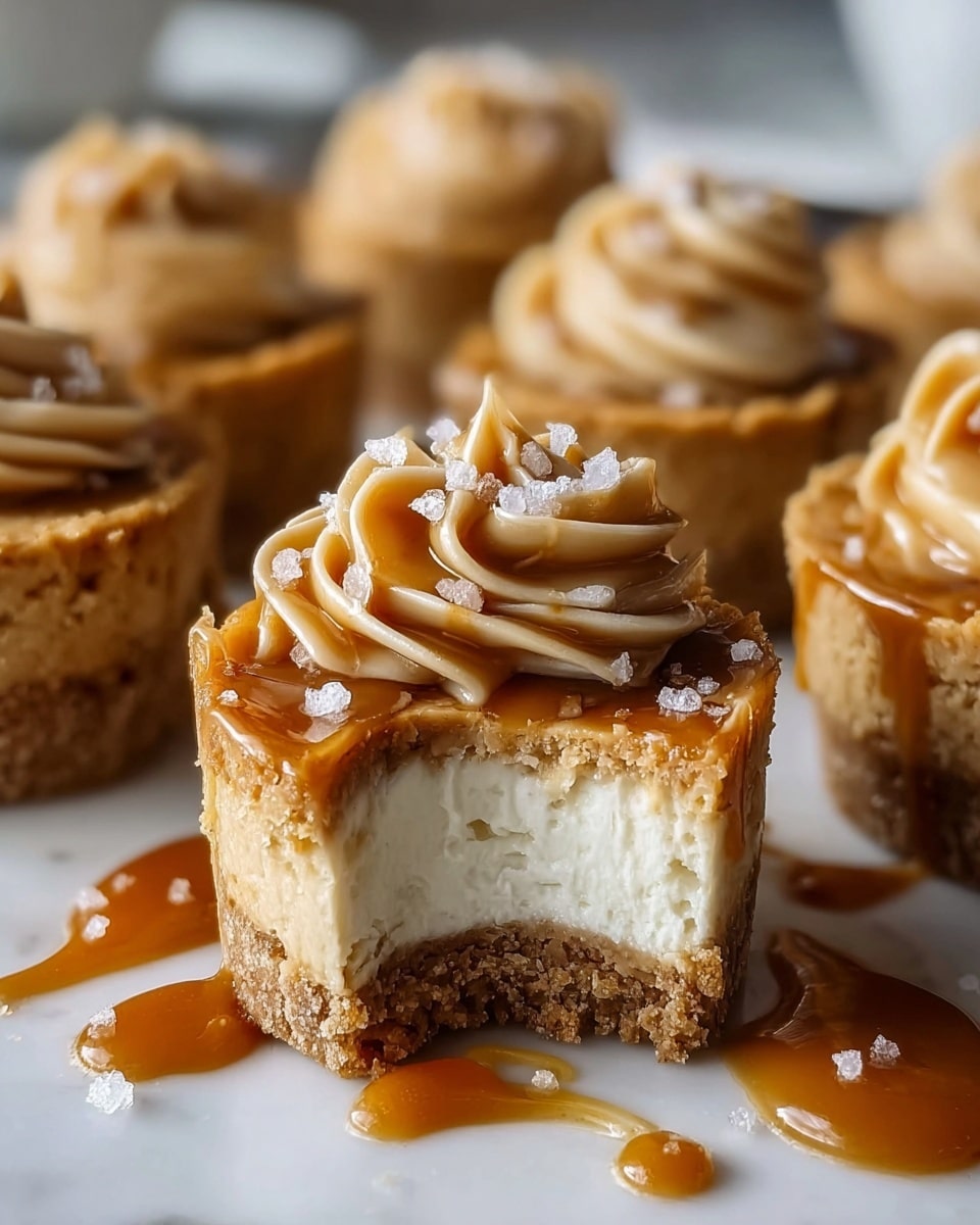 The image shows small cheesecake cups with three visible layers. The bottom layer is a crumbly, light brown crust forming the base and sides. The middle layer is a thick, creamy white cheesecake filling that looks smooth. The top layer has a swirl of light brown caramel frosting, glossy with a soft texture, and sprinkled with coarse white sea salt crystals. The caramel sauce is drizzled around the cheesecake cups on a white marbled surface. One cheesecake cup is bitten into, revealing all layers clearly. The background is softly blurred, focusing on the cheesecake cups. Photo taken with an iphone --ar 4:5 --v 7
