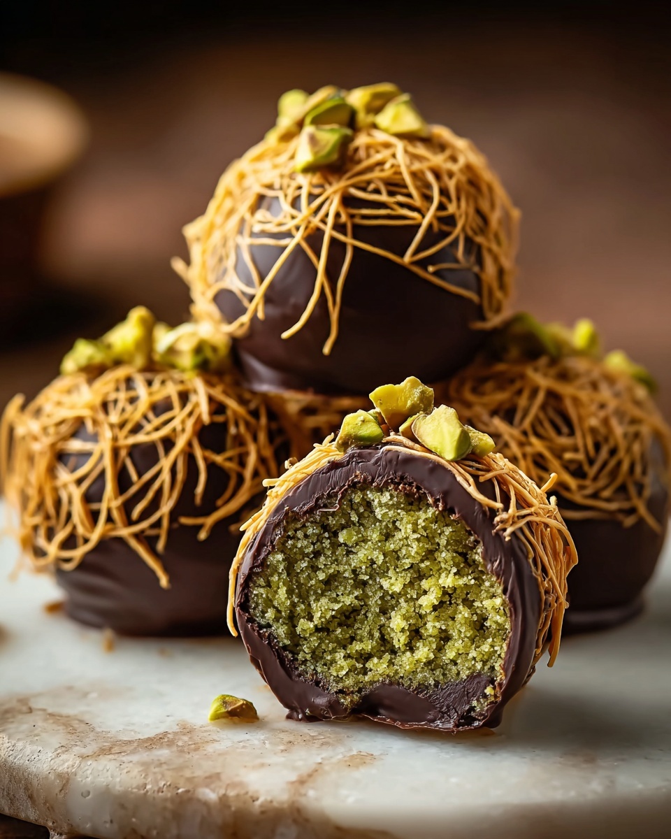 The image shows a stack of round sweets on a white marbled surface, with six pieces visible. Each sweet has an outer layer covered in thin, light brown strands that look crispy and crunchy. One sweet is cut open, revealing a bright green, soft, and crumbly center inside. Some sweets are whole, and the sweet cut in half is placed on top of the others. The background is softly blurred with warm colors, making the sweets stand out. Photo taken with an iphone --ar 4:5 --v 7
