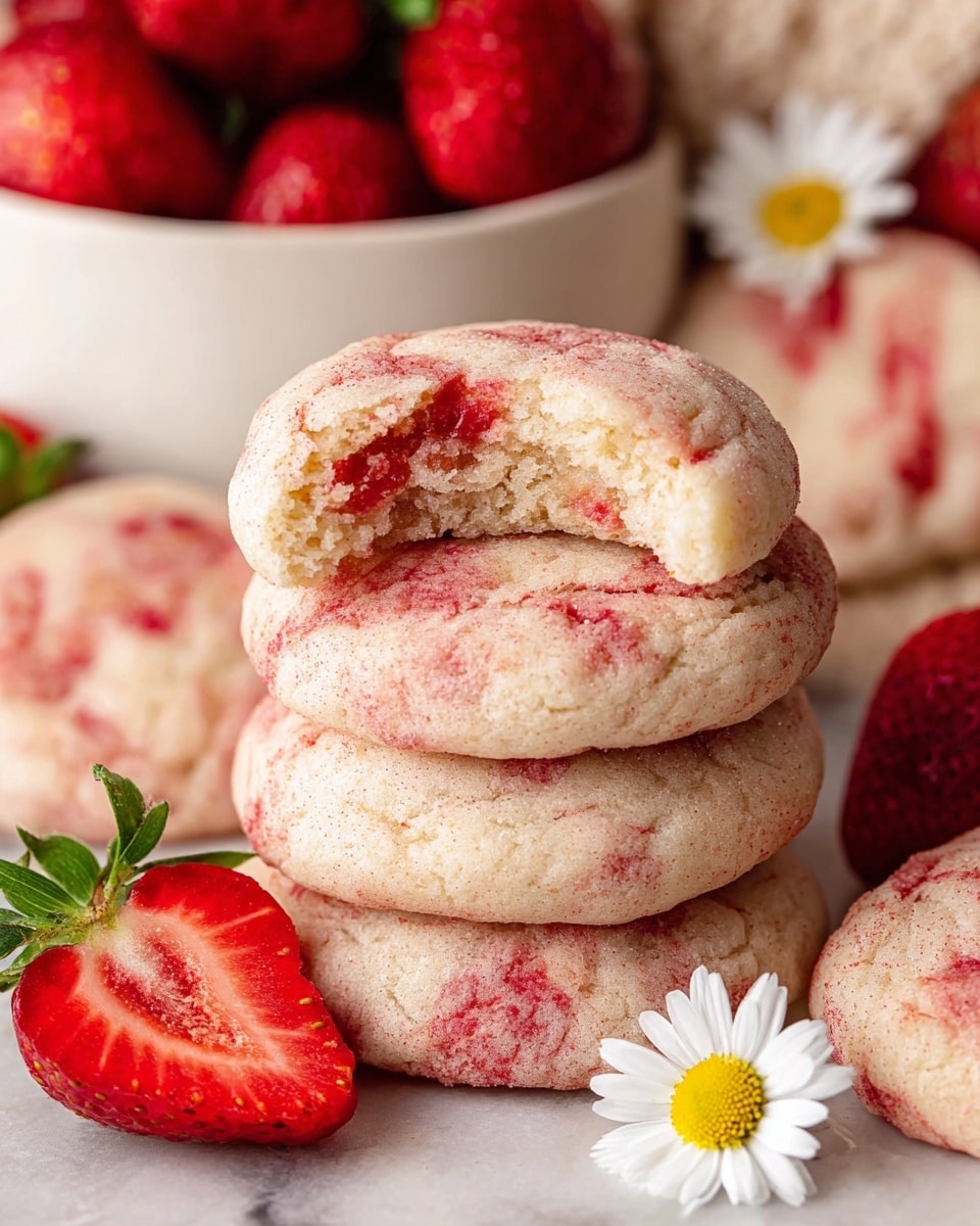 A clear glass bowl filled with a creamy light beige mixture swirled with bright red strawberry streaks, creating a marbled effect throughout, sits on a white marbled textured surface. Around the bowl, there is an open book with a wooden bowl filled with white granulated sugar on top, two halves of fresh strawberries with bright red color and green leaves, and a white bowl holding whole strawberries. White and yellow daisy flowers are placed nearby for decoration. The scene captures a fresh, rustic, and natural feel. photo taken with an iphone --ar 4:5 --v 7