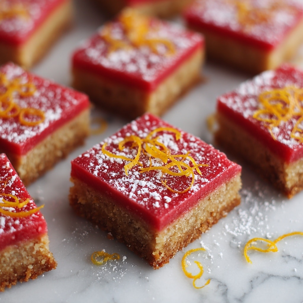 The image shows a batch of square-shaped bars arranged tightly together on a white marbled surface, each bar having two layers: the bottom layer is a light brown cake base and the top layer is a smooth, bright red icing covering the entire surface. The red icing is decorated with light dusting of powdered sugar scattered unevenly across the top and thin, curly orange zest pieces spread casually over many squares, giving a fresh and colorful contrast. The texture of the icing looks glossy and dense while the cake base appears soft and slightly crumbly. Photo taken with an iphone --ar 4:5 --v 7