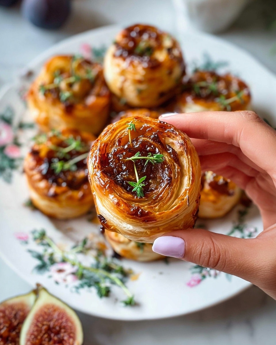 A woman's hand is holding a small, round pastry with about eight golden brown, crispy layers of puff pastry spiraled around a center filled with a glossy, dark brown fig and sticky honey glaze, topped with small fresh green herb leaves. The pastry surface is shiny and textured with some caramelized spots. In the background, more of these pastries are stacked on a white floral patterned plate, sitting on a white marbled surface along with a cut fig. photo taken with an iphone --ar 4:5 --v 7