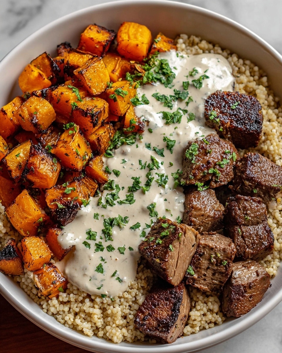 In a white bowl, the base layer consists of small, light beige grains that look soft and slightly fluffy. On one half of the bowl, there are golden-brown roasted orange cubes with charred edges, piled neatly together. On the other half, there are thick, seared brown meat cubes with a caramelized surface. Creamy, white sauce with small green herb bits is drizzled generously over the meat, topped with finely chopped green herbs. The bowl is placed on a white marbled surface. photo taken with an iphone --ar 4:5 --v 7
