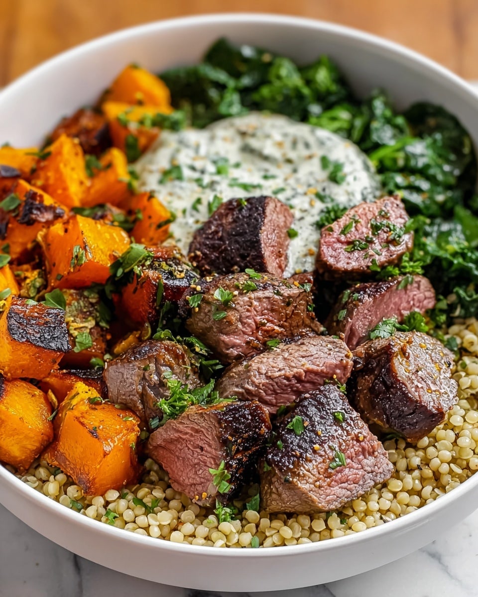 A white bowl with four layers of food: the bottom layer is small beige grains with a soft texture, the second layer has bright orange roasted cubes with dark char marks, the third layer consists of medium-sized pieces of grilled meat with a pink center and a charred dark brown outside, sprinkled with green herbs, and the top layer has bright green cooked leafy vegetables on one side and a dollop of creamy white sauce with green specks on the other side. The bowl is placed on a white marbled textured surface. photo taken with an iphone --ar 4:5 --v 7