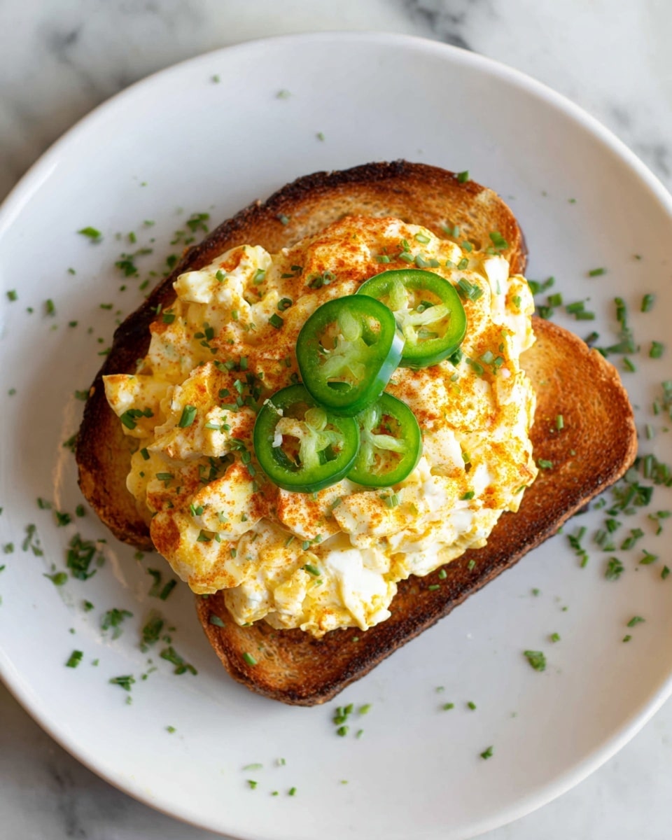 The image shows two thick slices of a sandwich stacked neatly on a white plate with small green herb pieces scattered around. Each sandwich slice has three visible layers: at the bottom, a light brown toasted bread layer; the middle layer features bright green slices of jalapeño and some green lettuce, adding a fresh and crunchy texture; the top layer is a mix of finely chopped hard-boiled egg and melted orange cheese, with slightly browned spots indicating it has been grilled or toasted, and little green herb bits scattered throughout. The entire scene is set on a white marbled surface. photo taken with an iphone --ar 4:5 --v 7