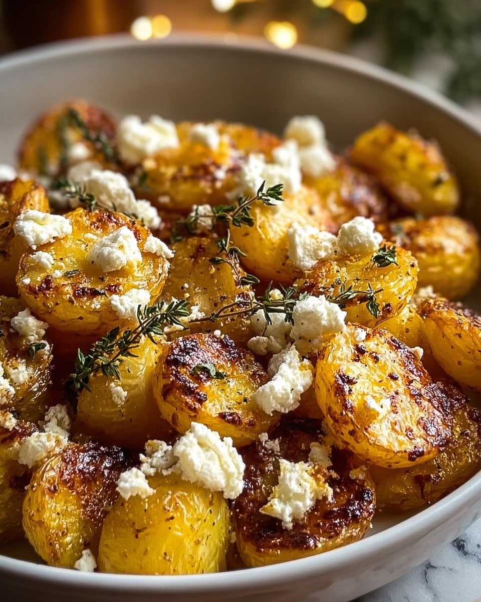 A close-up view of a dish in a round white bowl filled with golden roasted potato halves with crispy browned edges. On top of the potatoes, there are small dollops of soft white cheese and scattered green herb sprigs, likely thyme. The potatoes glisten slightly, showing a seasoned crust that contrasts with the fluffy white cheese crumbs. The background is a white marbled texture with warm lighting that adds a homely feel. photo taken with an iphone --ar 4:5 --v 7